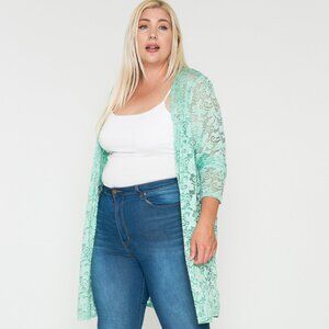 Plus Size Mint Floral Lace See-Through Open Front Cardigan